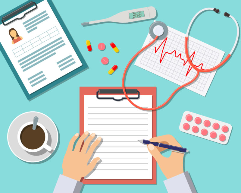 graphic of a medical assistant's hand filling out paper work with medicine, a stethoscope, thermometer, patient chart, and coffee on the table